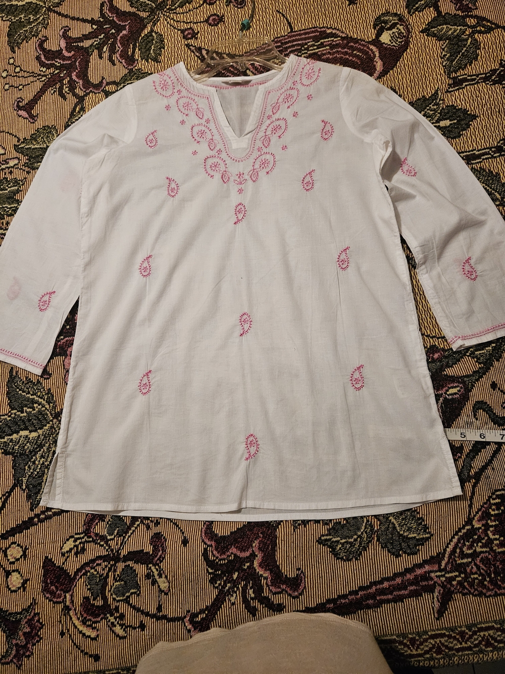 Lands' End White Tunic Top with Pink Embroidery